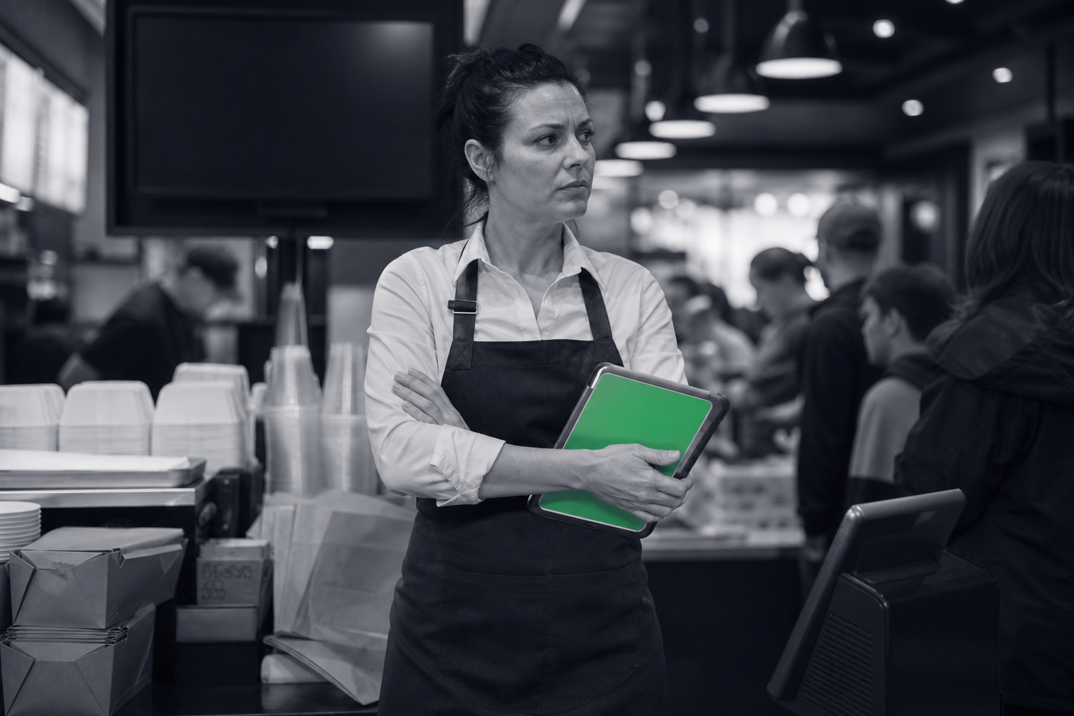 A store operations manager in an apron stands arms-crossed at a coffee counter, holding a blank-screened tablet while customers queue behind her during morning rush.