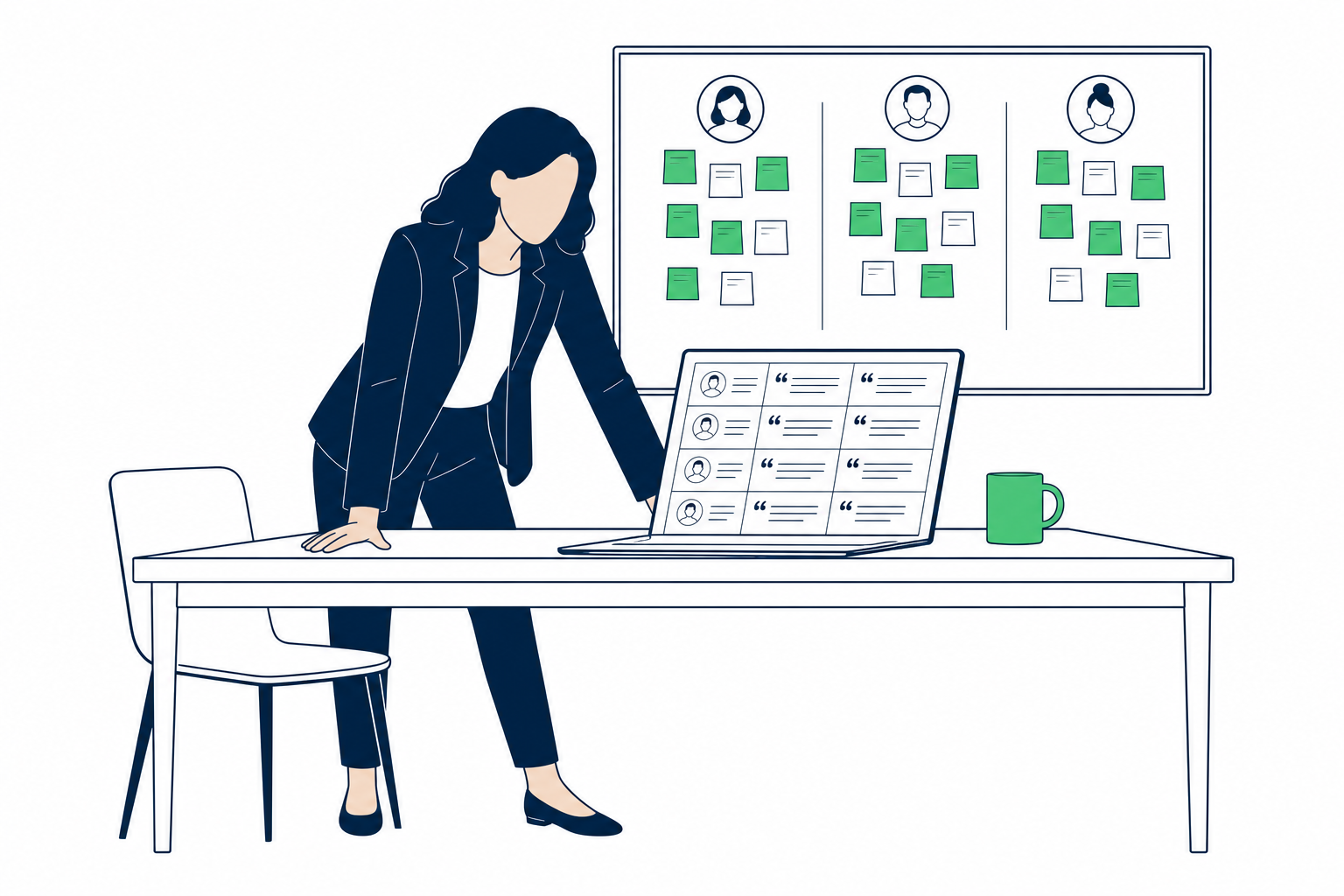 A strategy lead leans over a laptop in a whiteboard-covered conference room, reviewing customer signal data, a ceramic mug at her elbow.