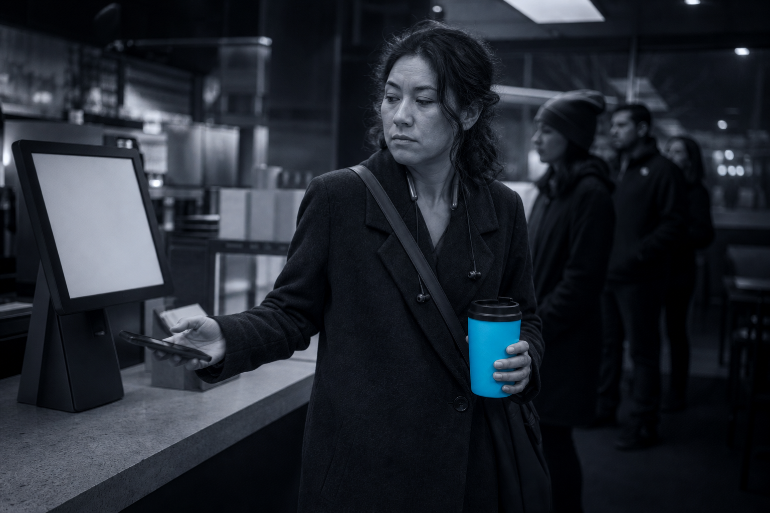 A woman in a wool overcoat holds her phone toward a blank pickup kiosk at a coffee counter, body already angled toward the exit, ceramic travel mug in hand.