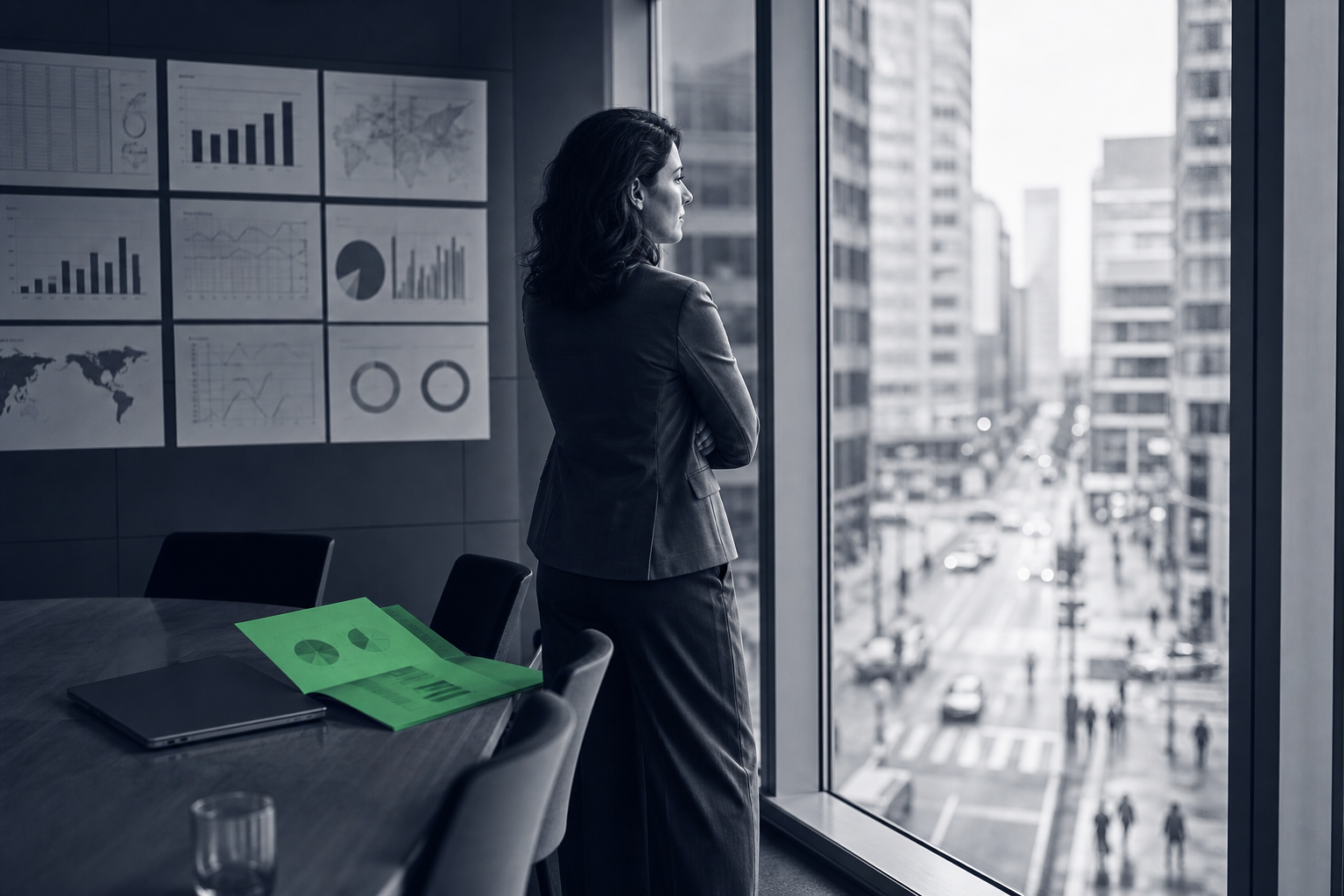 A strategist stands at a conference room window looking outward, a folded competitor printout in hand, internal charts dim behind her.