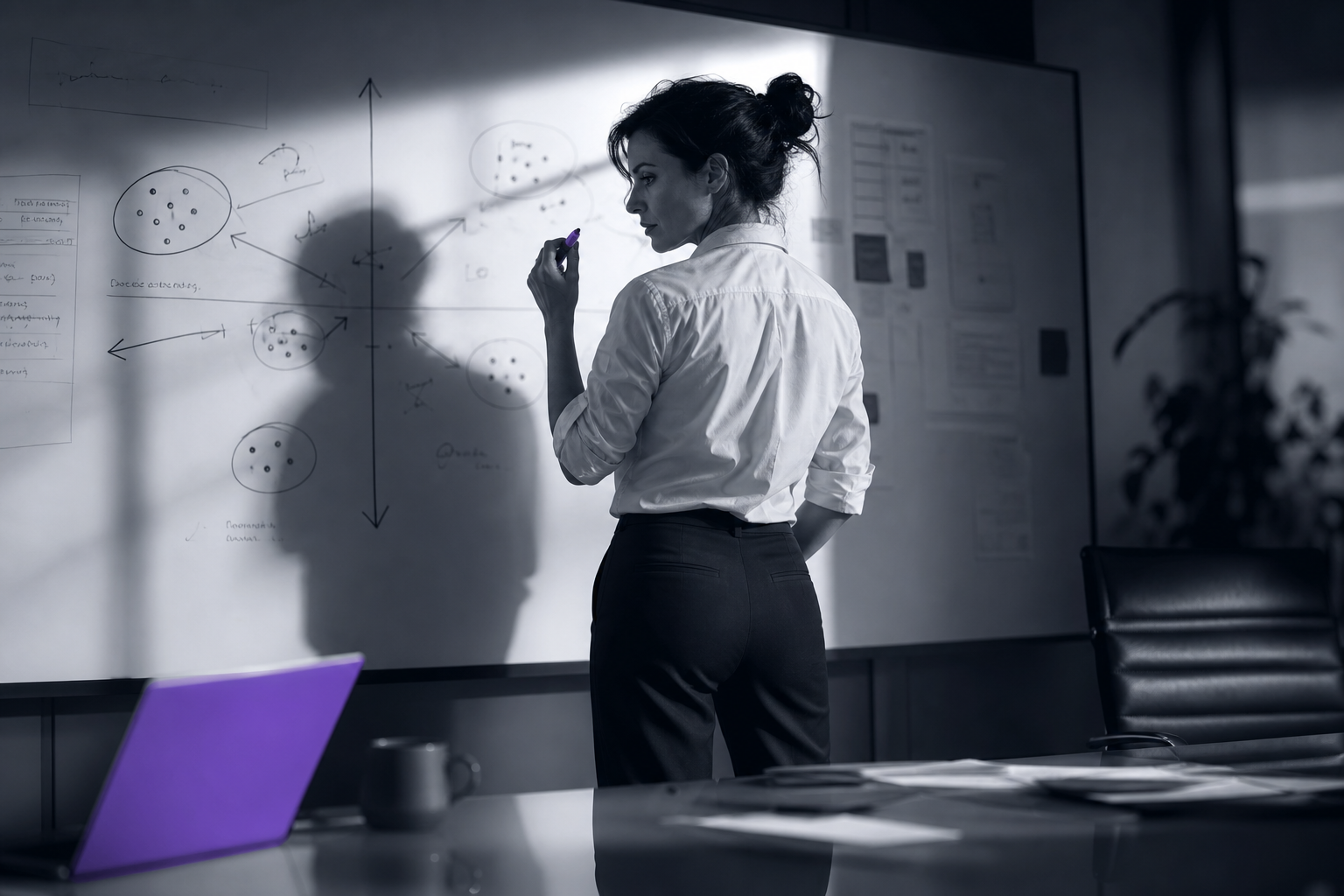 A competitive intelligence analyst studies a whiteboard covered in market positioning diagrams, marker raised, in a daylit conference room.