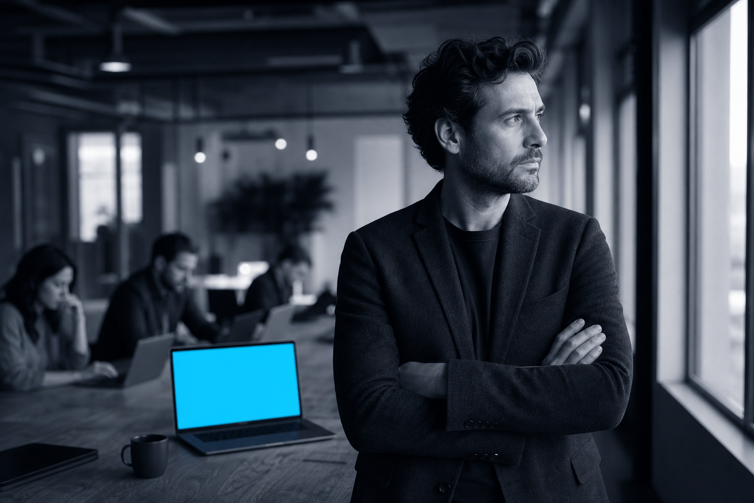 A marketing strategist stands looking outward through a window while colleagues focus on their own screens, a steel compass resting on the table beside her.