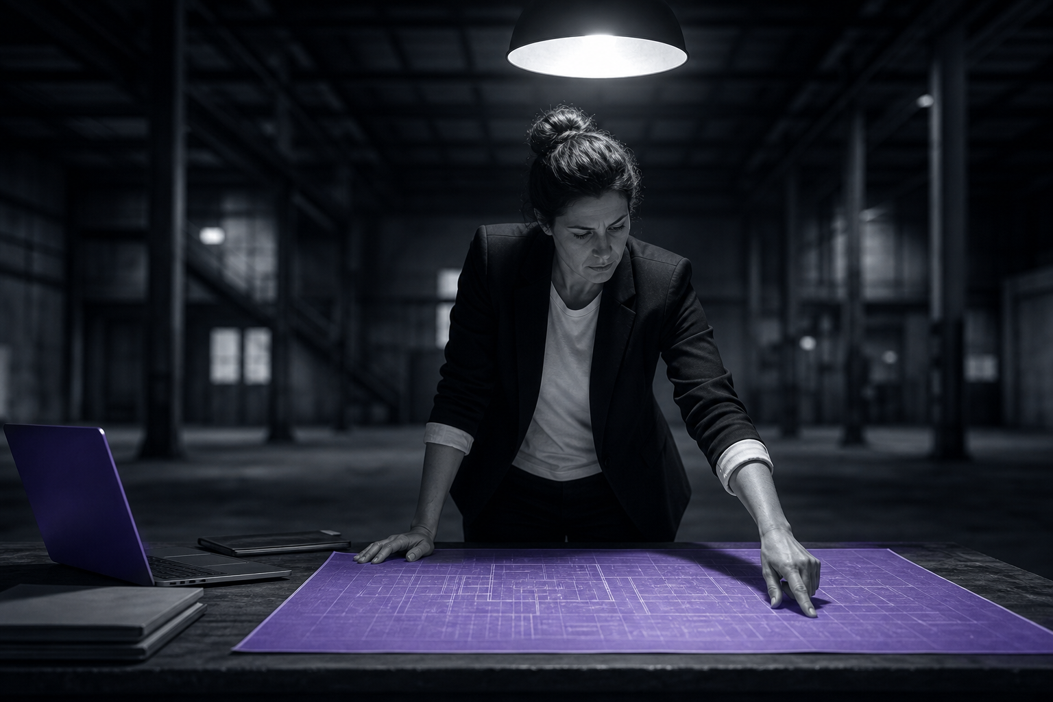 A strategist studies a hand-drawn map on a table in a bare warehouse, one finger resting on an unmarked corner, overhead light isolating the scene.