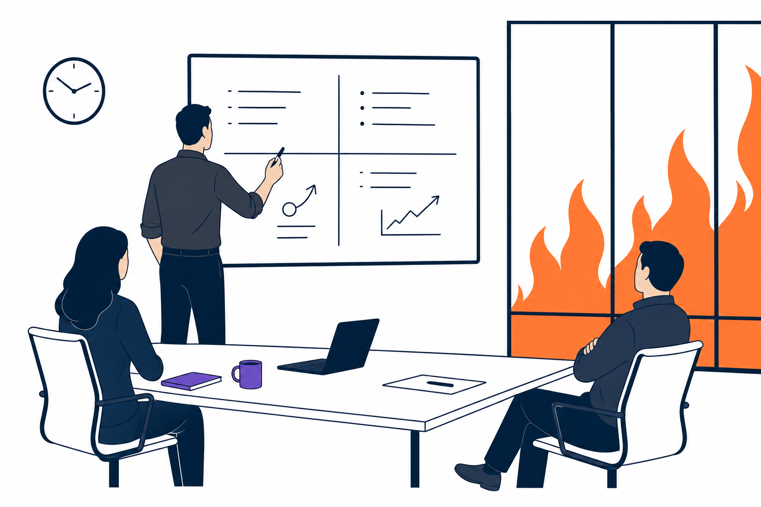 A strategy lead marks up a SWOT grid on a whiteboard while glancing at a clock, conveying urgency about the limits of static planning.