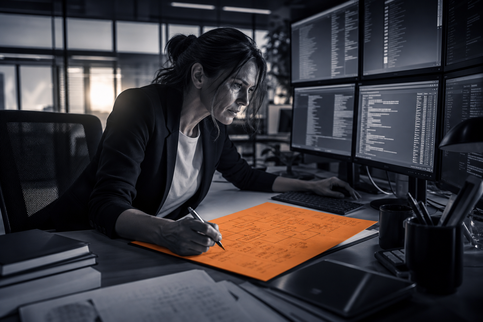 A strategy analyst studies product changelogs and integration diagrams in a glass-walled office, searching for competitive signals before any press release surfaces them.