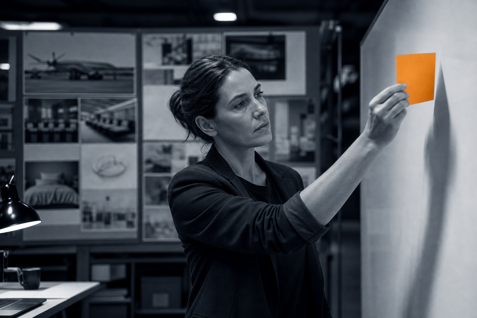 A strategist holds a single index card up against a blank whiteboard, surrounded by industry diagrams pinned across a workshop wall.